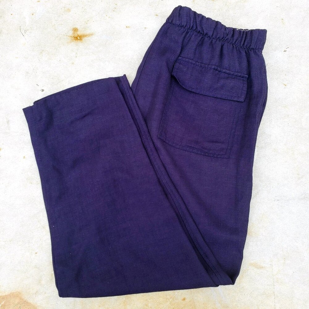 navy blue elastic waist viscose linen pants